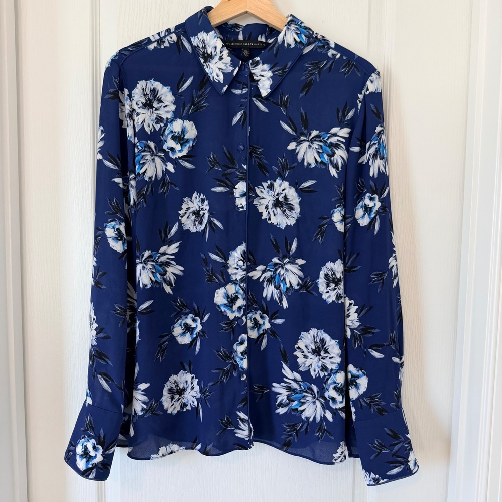 White House Black Market Blue Floral Button Down Blouse Size 14 Cottagecore